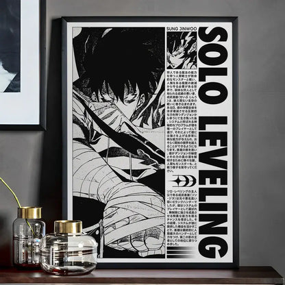 Black and white framed manga poster featuring bold typography solo leveling whitepaper wall sticker for living room decor