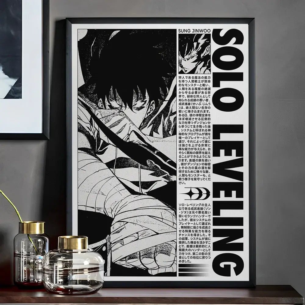 Black and white solo leveling whitepaper wall sticker featuring manga character with bold typography for living room decor