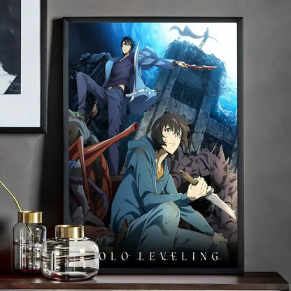Black-framed solo leveling whitepaper wall sticker featuring dynamic anime characters on blue ruins background for living room decor