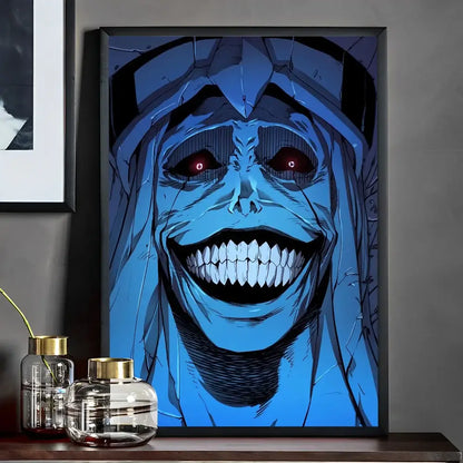 Blue solo leveling whitepaper wall sticker featuring a smiling skeletal figure with glowing red eyes for living room decor