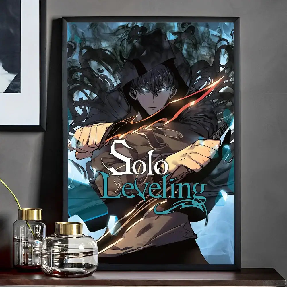Black-framed solo leveling whitepaper wall sticker featuring a character with glowing blue and orange accents for living room decor