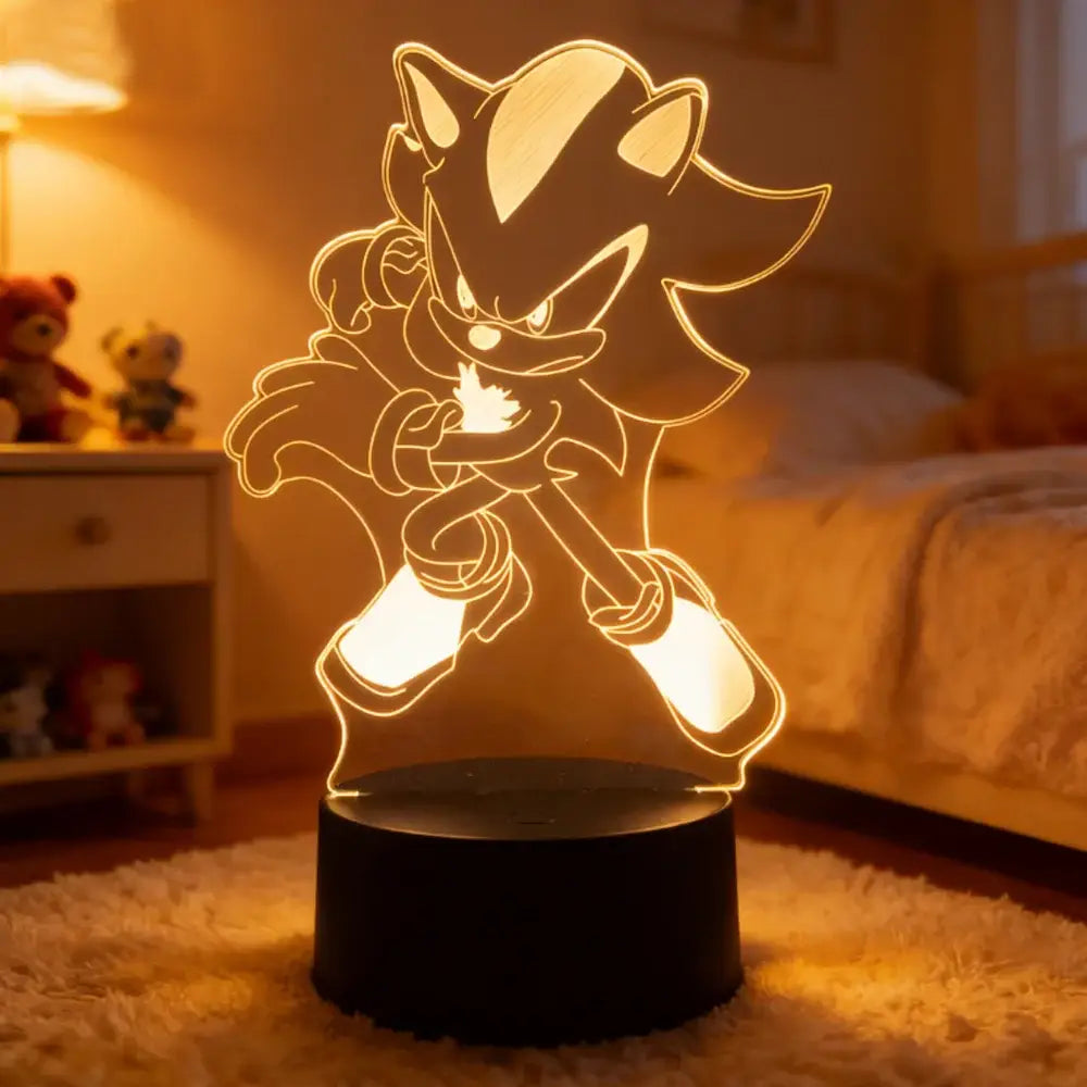 A glowing black and white sonic the hedgehog 3d led night light with a sleek illuminated silhouette design for bedrooms