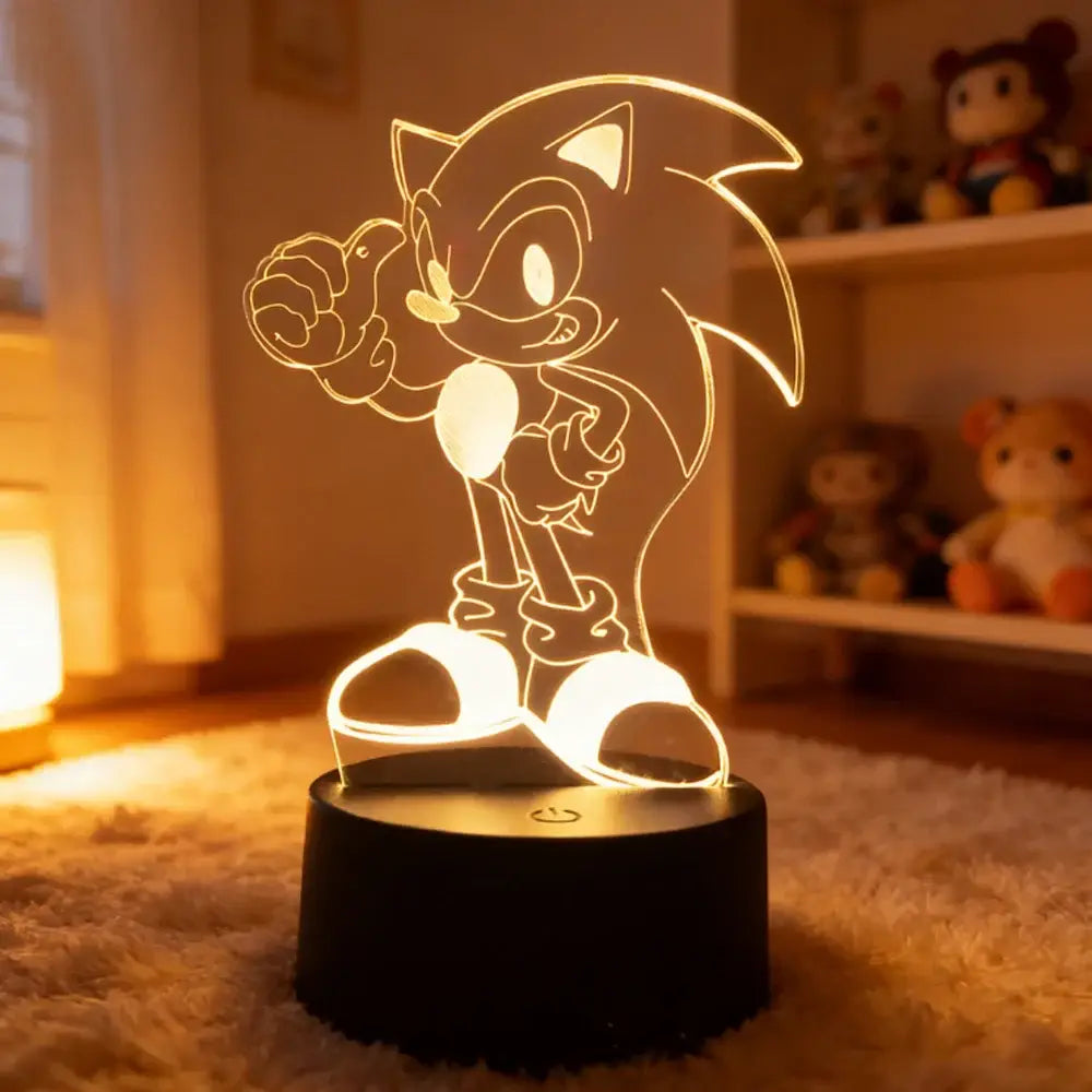 A glowing translucent sonic the hedgehog 3d led night light with a black base for bedroom lamp use
