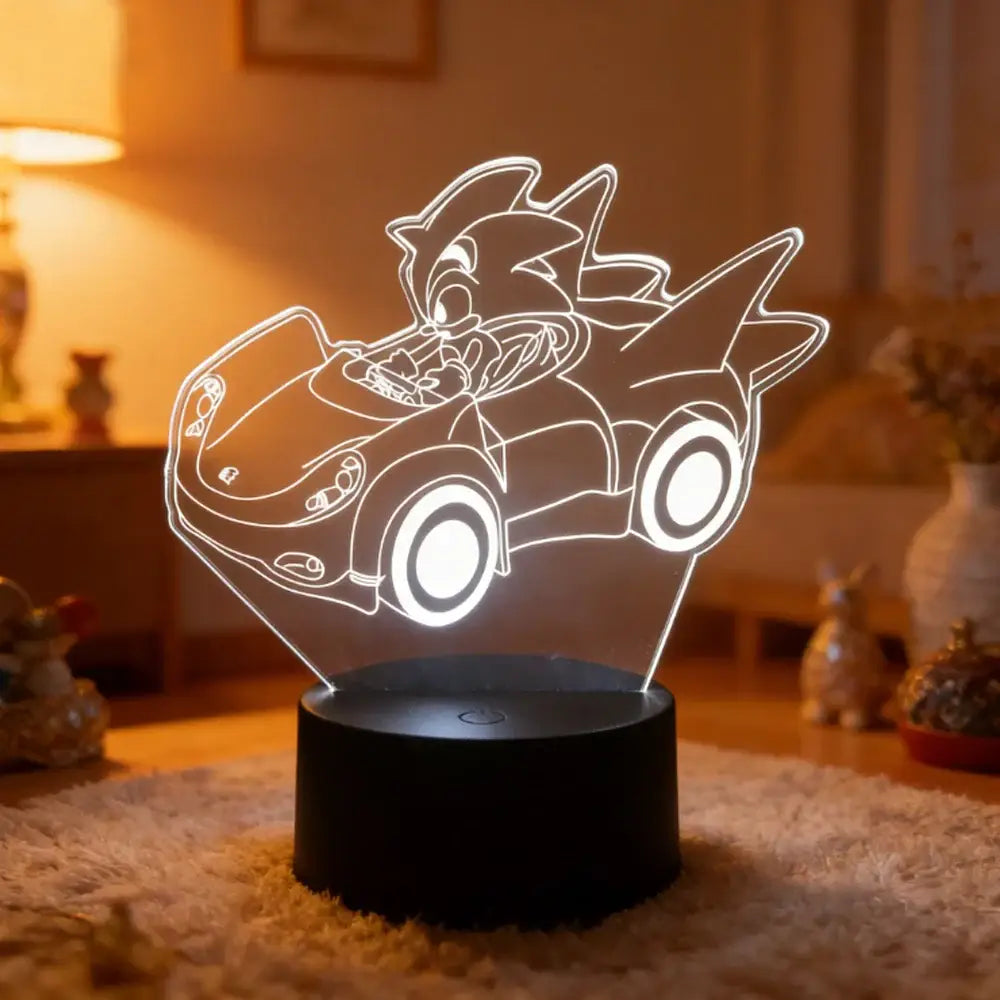 Sonic the Hedgehog 3d led night light glowing white acrylic lamp on black base featuring sonic in racing car