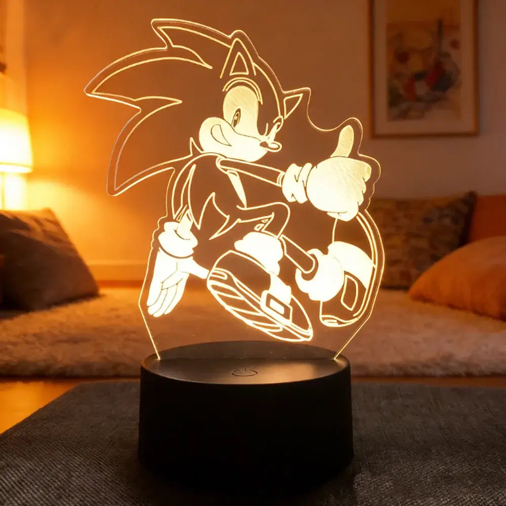 A glowing translucent acrylic sonic the hedgehog 3d led night light lamp in blue with white gloves for bedroom use