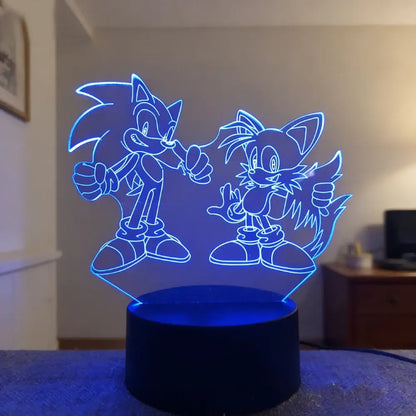 Sonic the Hedgehog 3D LED night light blue glowing lamp featuring 3d silhouette design of Sonic and Tails