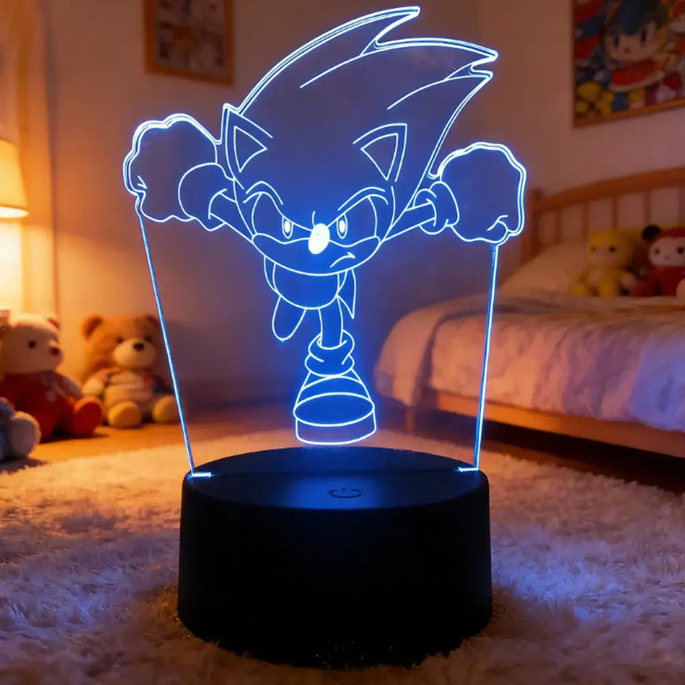 Blue glowing sonic the hedgehog 3d led night light with black base bedroom lamp for kids and fans