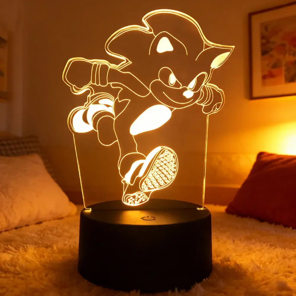 Golden-hued sonic the hedgehog 3d led night light with dynamic running pose on black circular base bedroom lamp