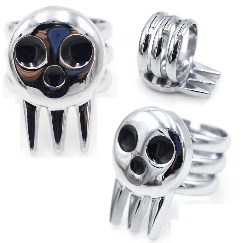 Chrome finished soul eater death the kid adjustable skull ring with black inlaid eye sockets and three pointed lower extensions