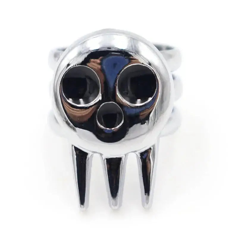 Soul eater death the kid shiny silver adjustable skull ring with black enamel eyes nose and three pointed fangs