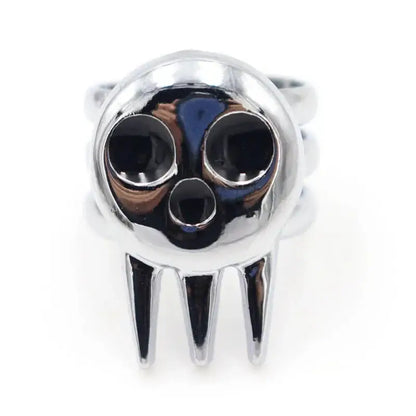 Soul eater death the kid shiny silver adjustable skull ring with black enamel eyes nose and three pointed fangs