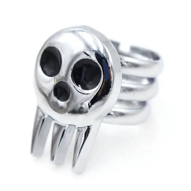 Silver soul eater death the kid adjustable skull ring with black gemstone eyes and spiked lower jaw design