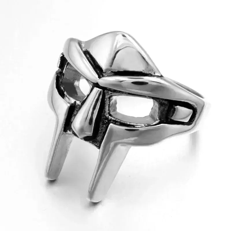 Shiny silver stainless steel soul eater kid skull ring featuring a stylized face mask with angular cut-out eyes