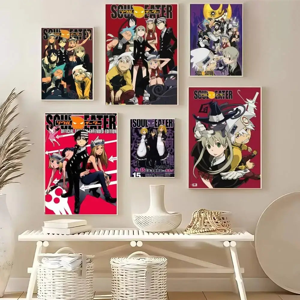 Set of five soul eater anime framed posters with vibrant red black and purple designs print wall art sticker