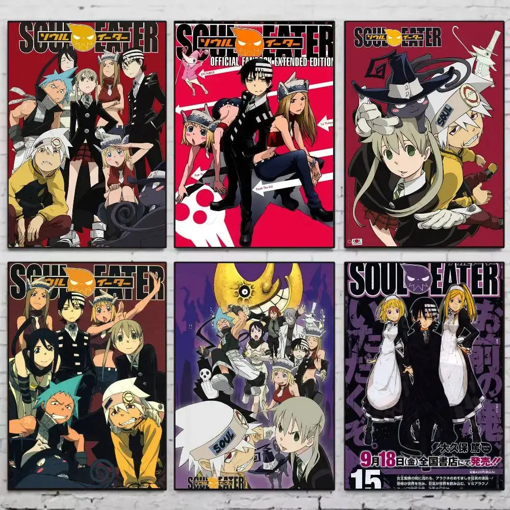 Six vibrant soul eater print wall art stickers featuring dynamic character art in bold colors for anime fans