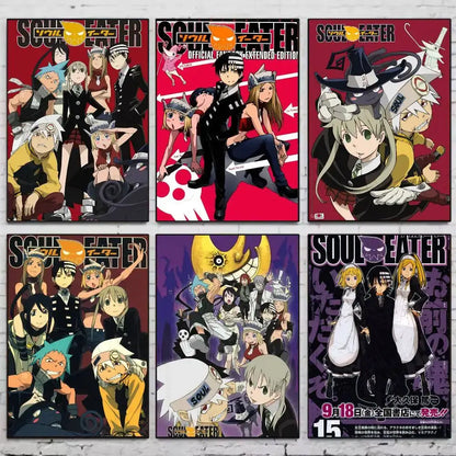 Six vibrant soul eater print wall art stickers featuring dynamic character art in bold colors for anime fans