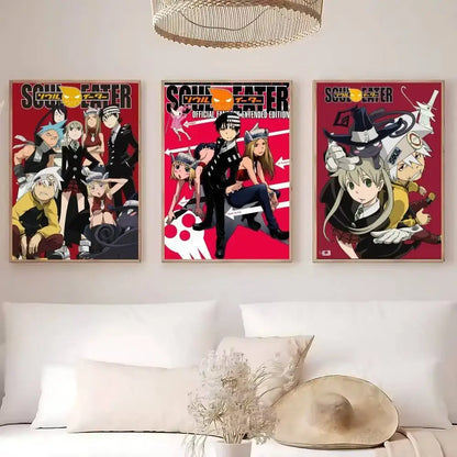 Three framed soul eater anime posters with vibrant red backgrounds and black-and-white illustrations print wall art sticker