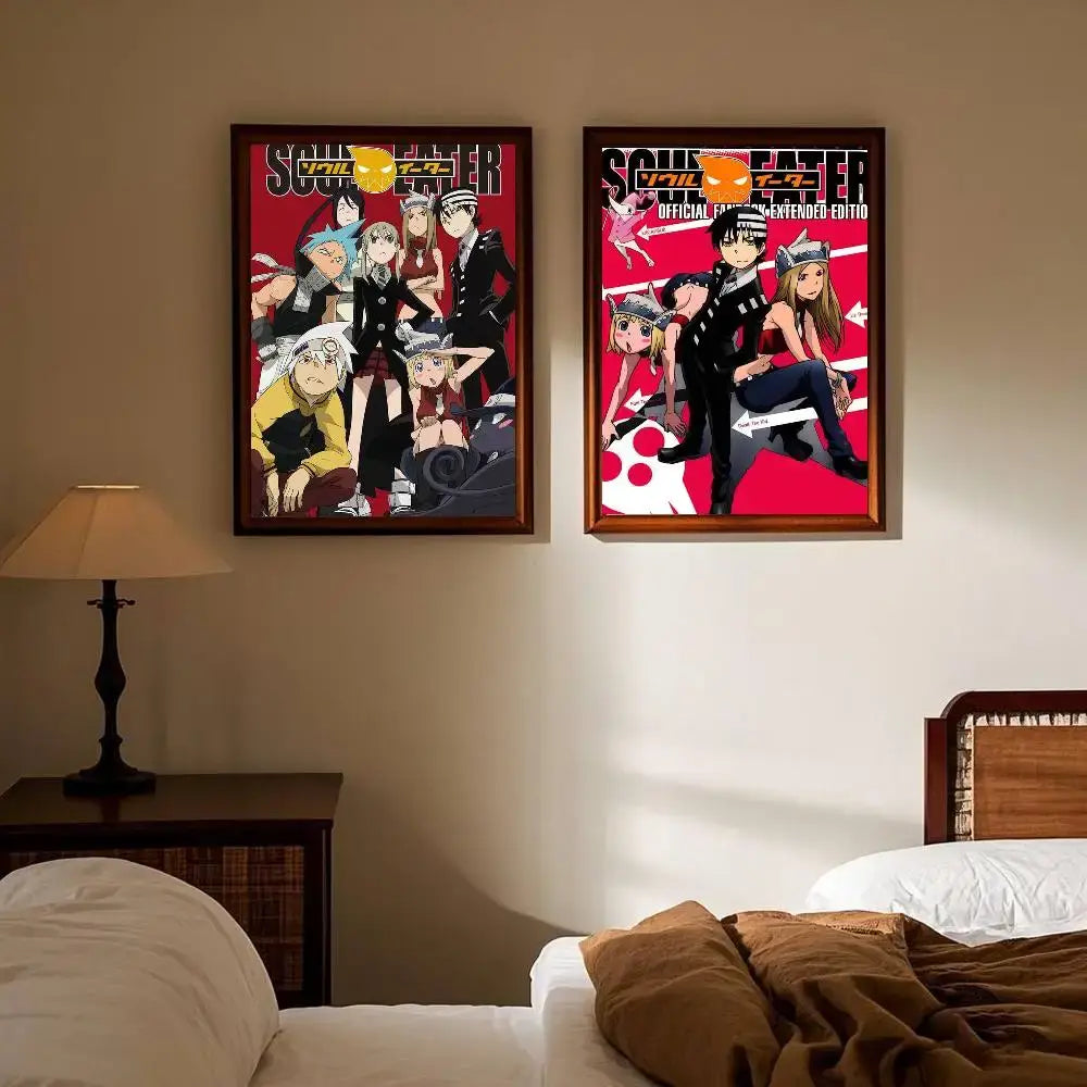 Two vibrant red soul eater anime posters in black wooden frames perfect as print wall art sticker for wall art decor