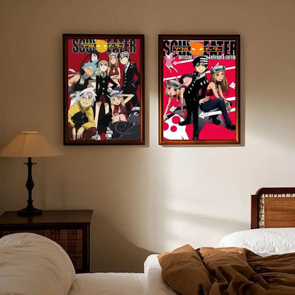 Two vibrant red soul eater anime posters in black wooden frames perfect as print wall art sticker for wall art decor