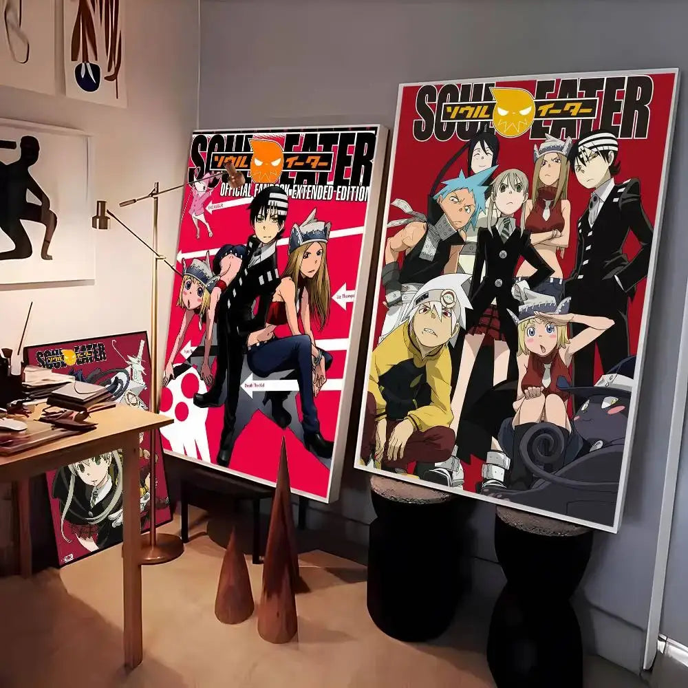 Two large framed soul eater posters with vibrant red backgrounds featuring black and white anime characters print wall art sticker