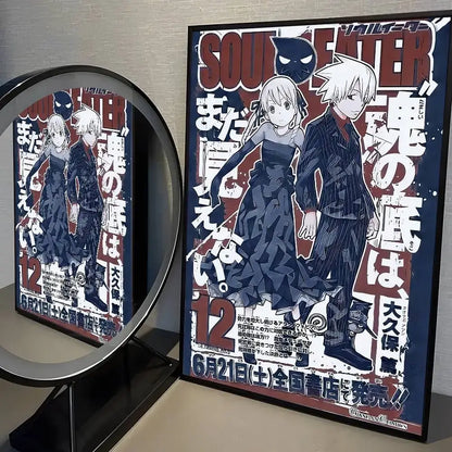 Black-framed soul eater poster featuring stylized characters with bold red and white text print wall art sticker