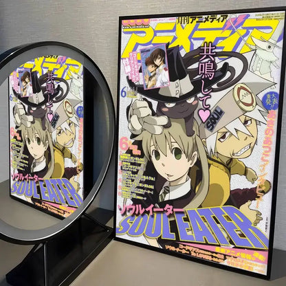 A framed soul eater anime print wall art sticker featuring vibrant yellow purple and black artwork with bold lettering