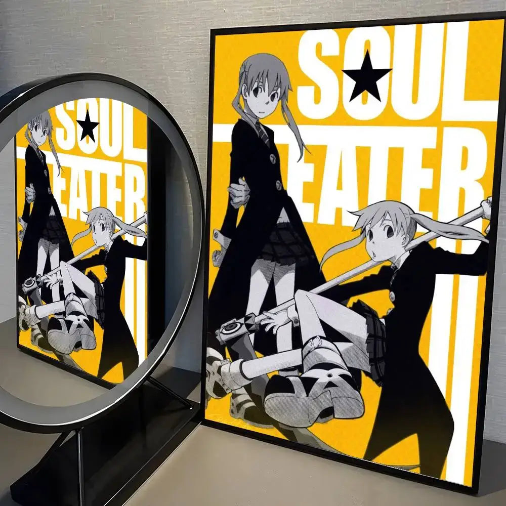 Vibrant yellow framed soul eater poster featuring black and white anime characters print wall art sticker
