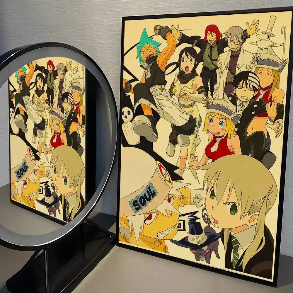Framed soul eater wall art sticker featuring vibrant black and yellow print wall art with detailed linework