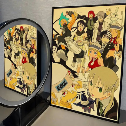Framed soul eater wall art sticker featuring vibrant black and yellow print wall art with detailed linework
