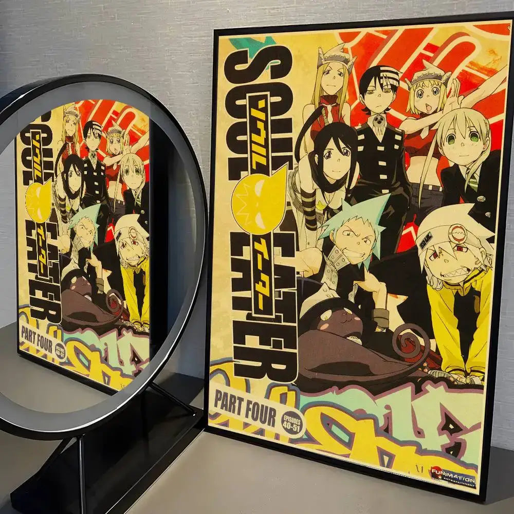 Vibrant yellow and black soul eater print wall art sticker featuring dynamic main characters and graffiti-style accents