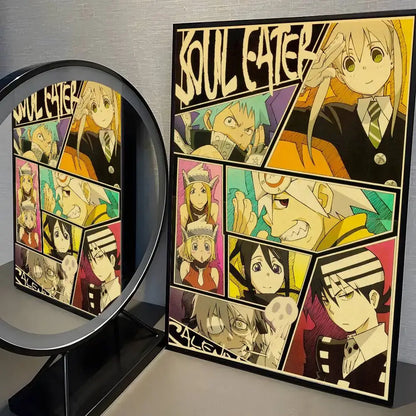 Soul eater poster wall art sticker featuring vibrant comic-style panels with bold colors and black framing in hd print wall art