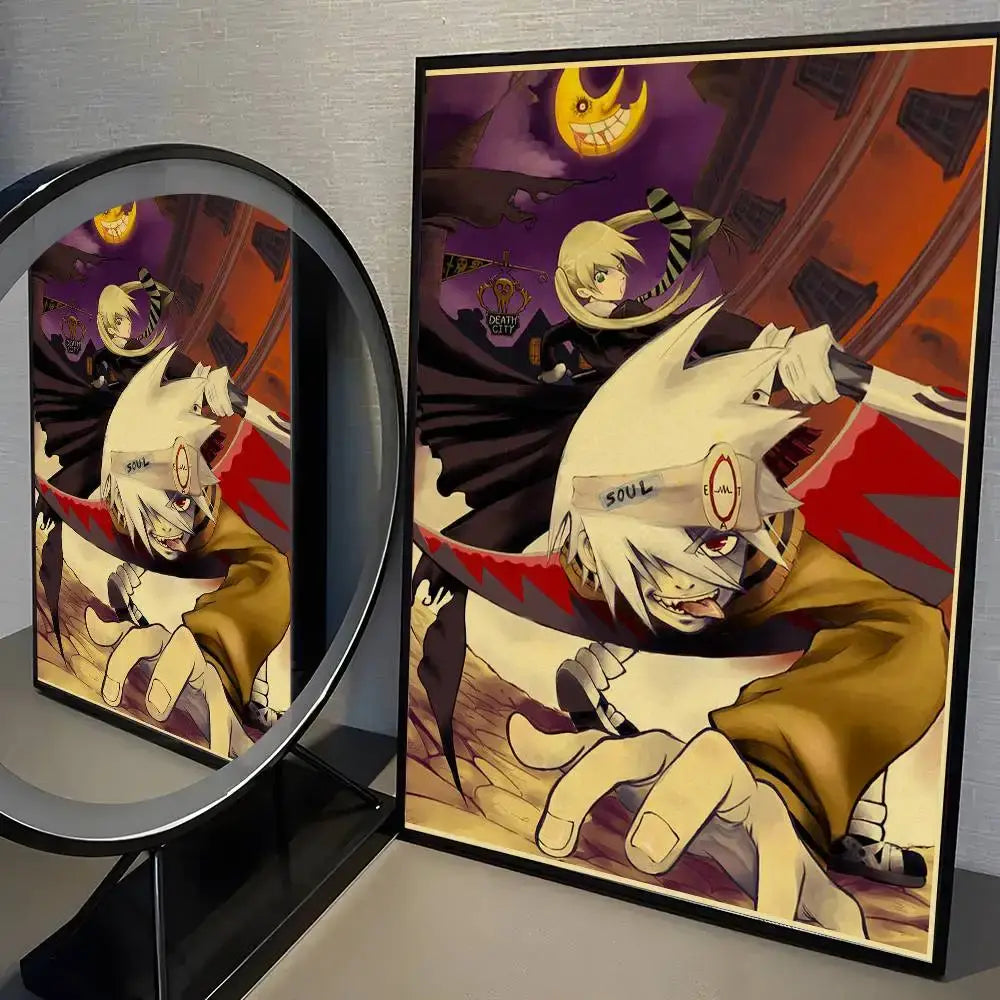 Framed soul eater poster print wall art sticker featuring white-haired character in brown coat with red accents