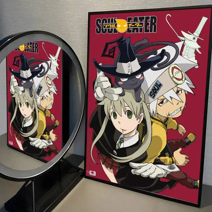 Soul eater poster with red frame featuring black and white anime characters and witch hat design print wall art sticker