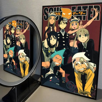 Soul Eater poster hd print wall art sticker featuring main cast in dynamic poses on dark red background with bold lettering