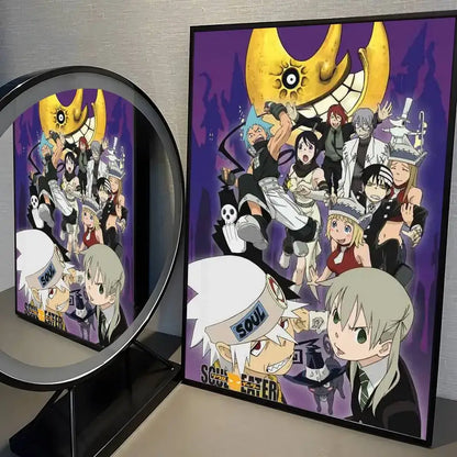 A soul eater poster with vibrant purple background and golden crescent moon framed print wall art sticker