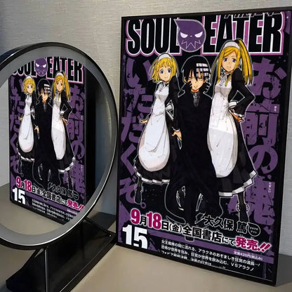 Soul eater black and white print wall art sticker featuring three characters in maid outfits on purple background