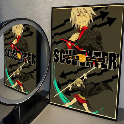 Soul eater poster wall art sticker featuring black-framed teal and red print wall art with characters in pinstripe suits