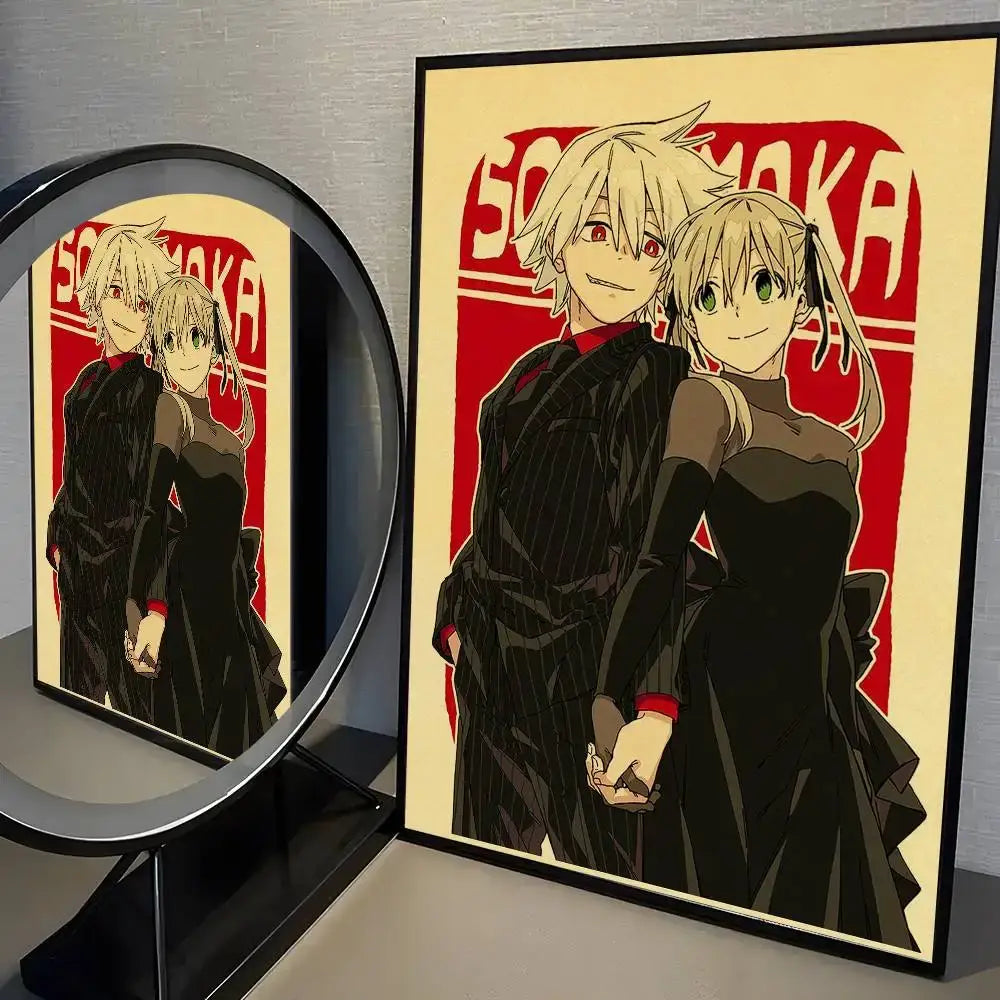 Black-framed Soul Eater poster print wall art sticker with vintage anime design and bold red cream background