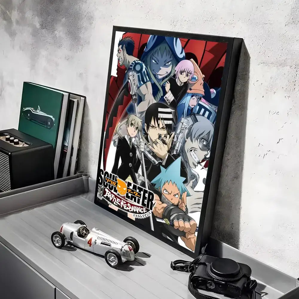 Black-framed soul eater waterproof wall art poster featuring vibrant colorful anime characters in bold artwork