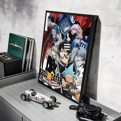Black-framed soul eater waterproof wall art poster featuring vibrant colorful anime characters in bold artwork