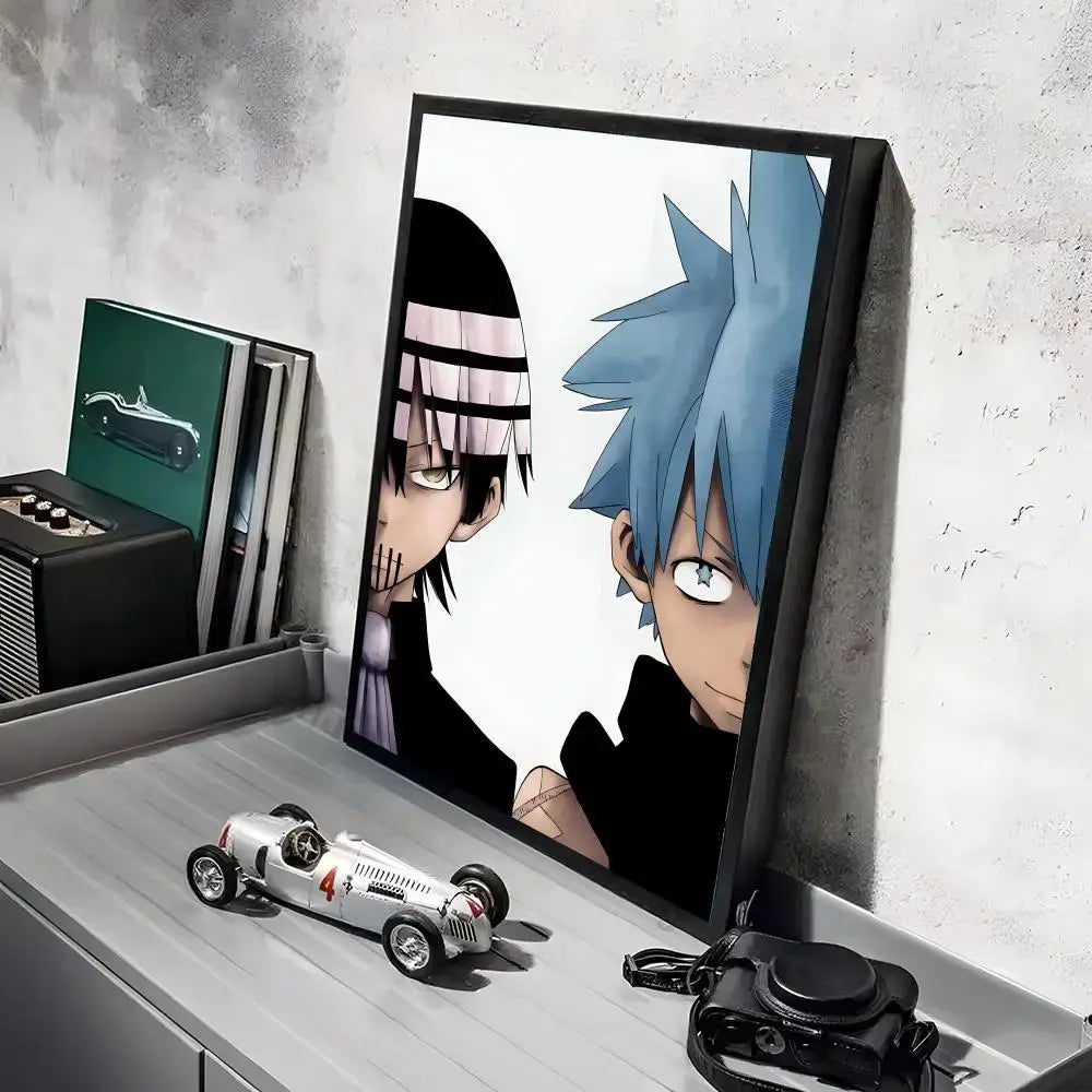 Black-framed soul eater waterproof wall art canvas print featuring two anime characters with spiky blue and black hair