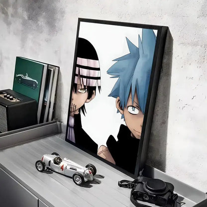 Black-framed soul eater waterproof wall art canvas print featuring two anime characters with spiky blue and black hair