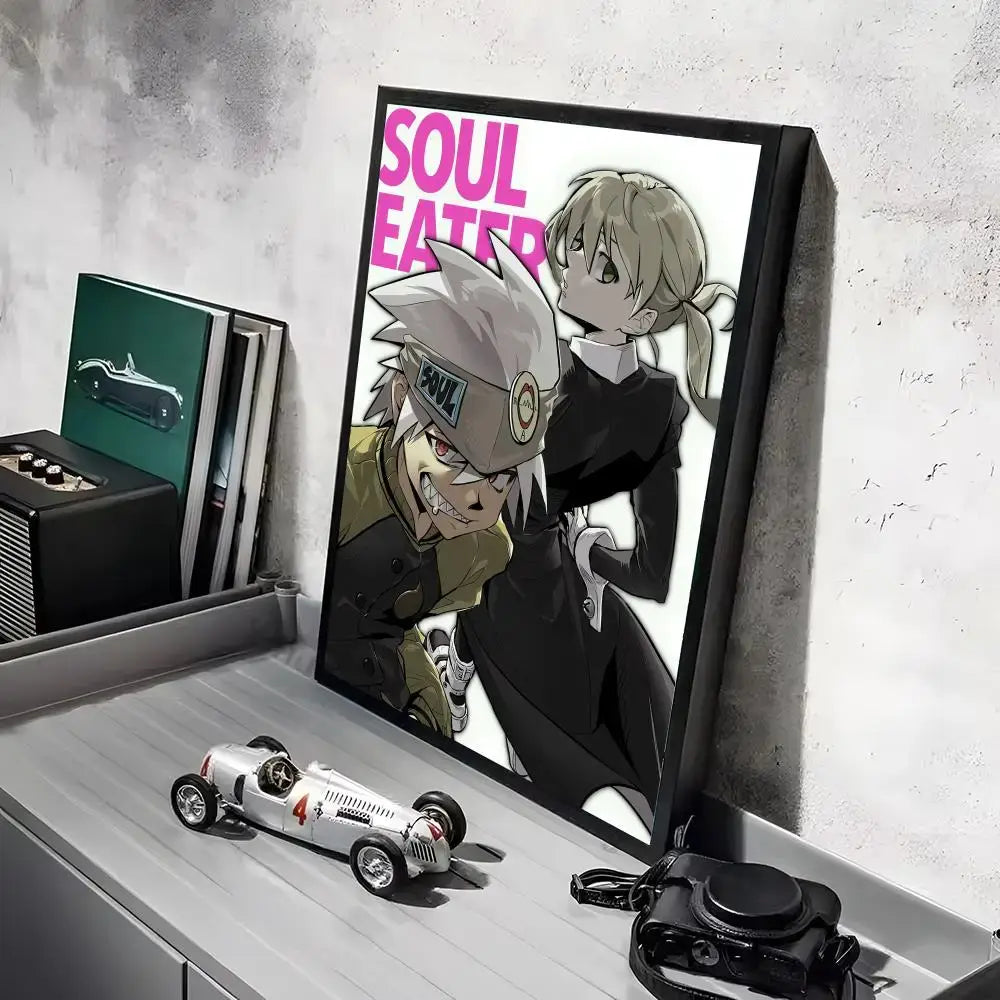 Black-framed soul eater poster with bold pink text and black-and-white illustrations for waterproof wall art decor