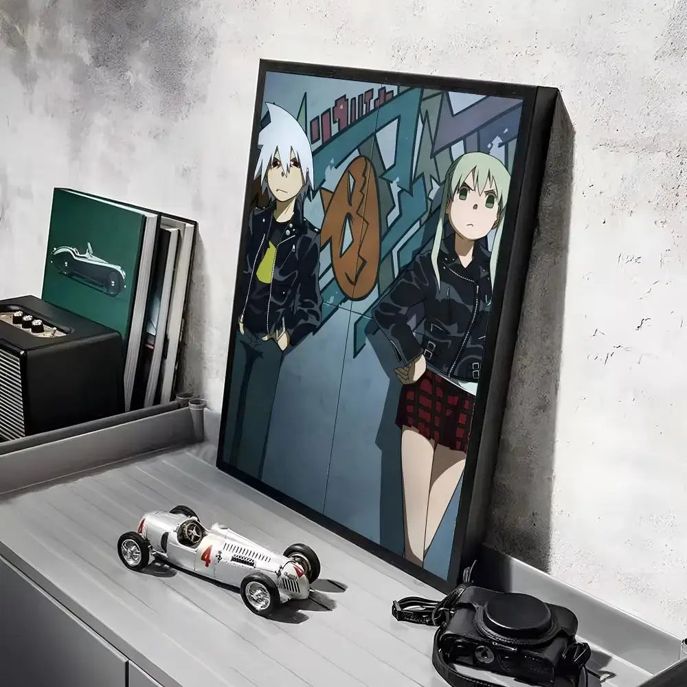 Black-framed soul eater anime art print with two characters in black leather jackets on waterproof wall art background