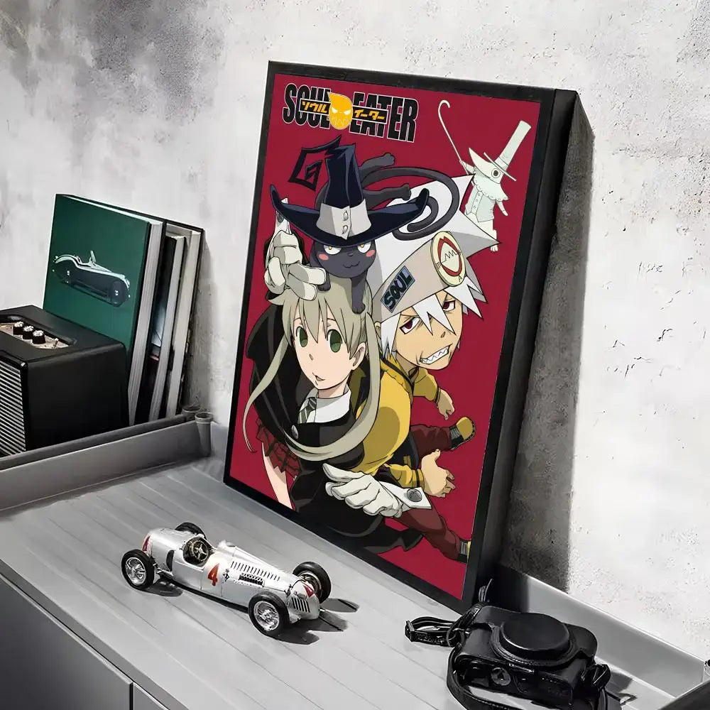 A framed soul eater anime poster with vibrant red background and bold black outlines in hd waterproof wall art style