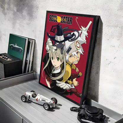 A framed soul eater anime poster with vibrant red background and bold black outlines in hd waterproof wall art style