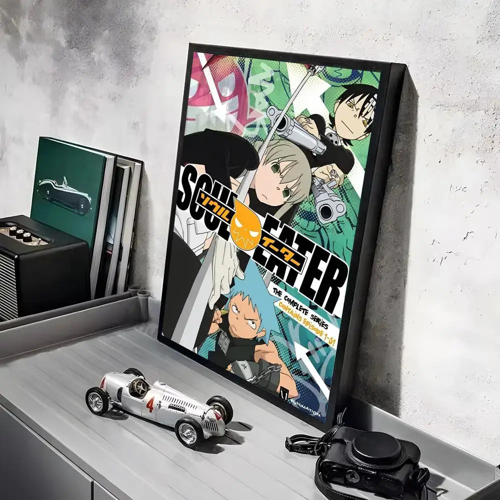 Black-framed soul eater poster with vibrant green black and orange artwork hd waterproof wall art for bedroom decor