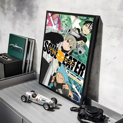 Black-framed soul eater poster with vibrant green black and orange artwork hd waterproof wall art for bedroom decor