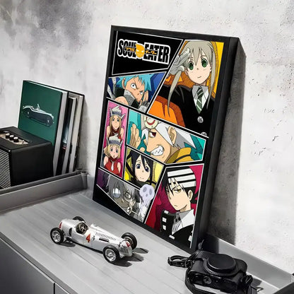 Black-framed soul eater poster featuring colorful comic-style panels in hd waterproof wall art for vibrant wall decor