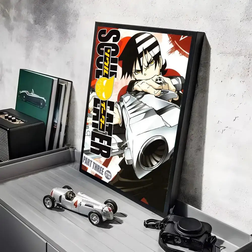Black-framed soul eater poster featuring death with striped headband and silver weapon in hd waterproof wall art